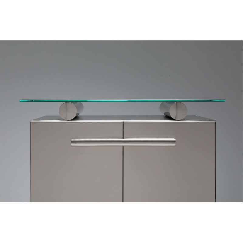Vintage Cabinet with Floating Glass Top in Brushed Stainless Steel   Maison Jansen 1980s