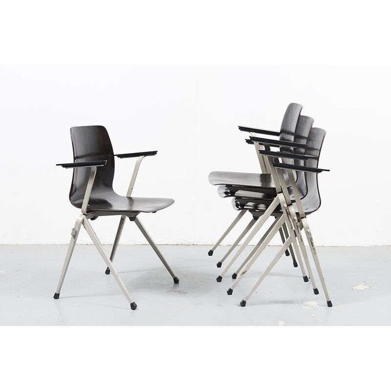 Vintage stacking chairs Ebony armrests Light Grey Galvanitas S20 1960