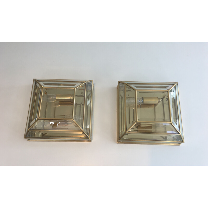 Pair of vintage brass and beveled glass ceiling or wall lights, 1970