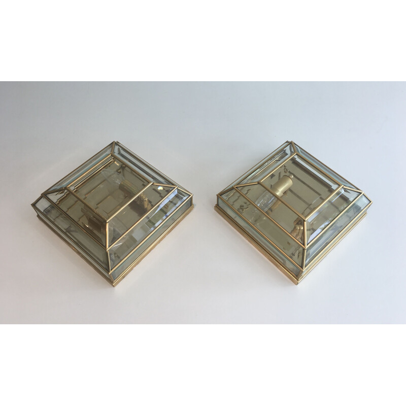 Pair of vintage brass and beveled glass ceiling or wall lights, 1970