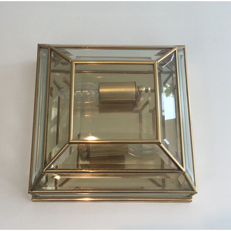 Pair of vintage brass and beveled glass ceiling or wall lights, 1970