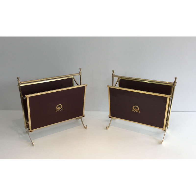 Pair of vintage neoclassical mahogany and brass magazine racks, 1940