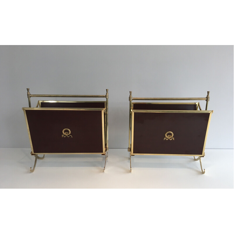 Pair of vintage neoclassical mahogany and brass magazine racks, 1940