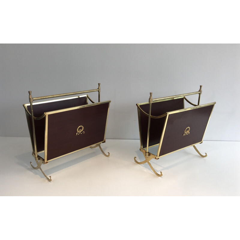 Pair of vintage neoclassical mahogany and brass magazine racks, 1940