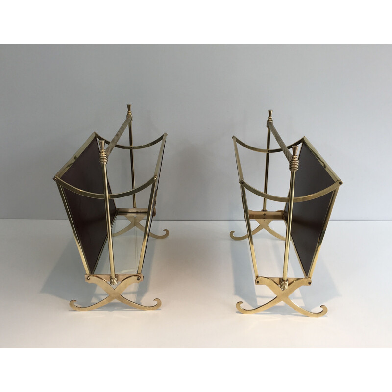 Pair of vintage neoclassical mahogany and brass magazine racks, 1940