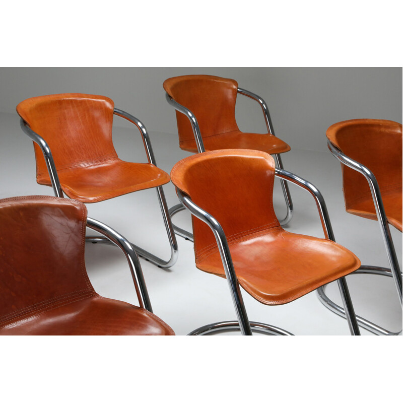 Set of 6 Vintage tan leather chairs for Cidue 1970s