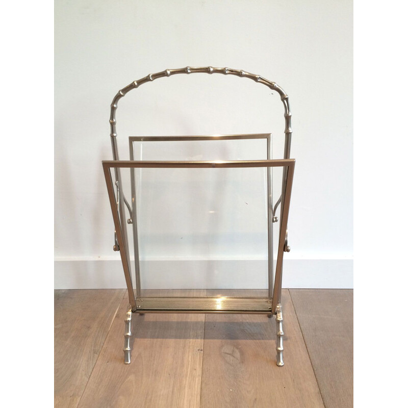 Vintage silver plated bronze faux-bamboo ringed magazine rack, 1940