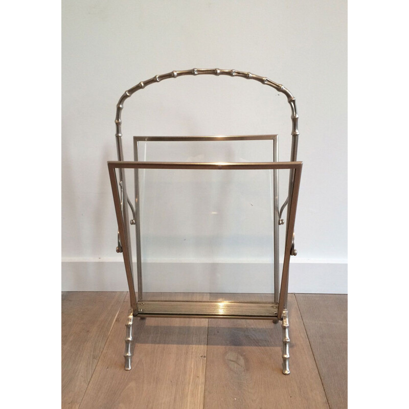 Vintage silver plated bronze faux-bamboo ringed magazine rack, 1940