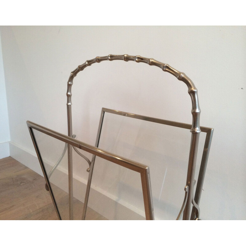 Vintage silver plated bronze faux-bamboo ringed magazine rack, 1940