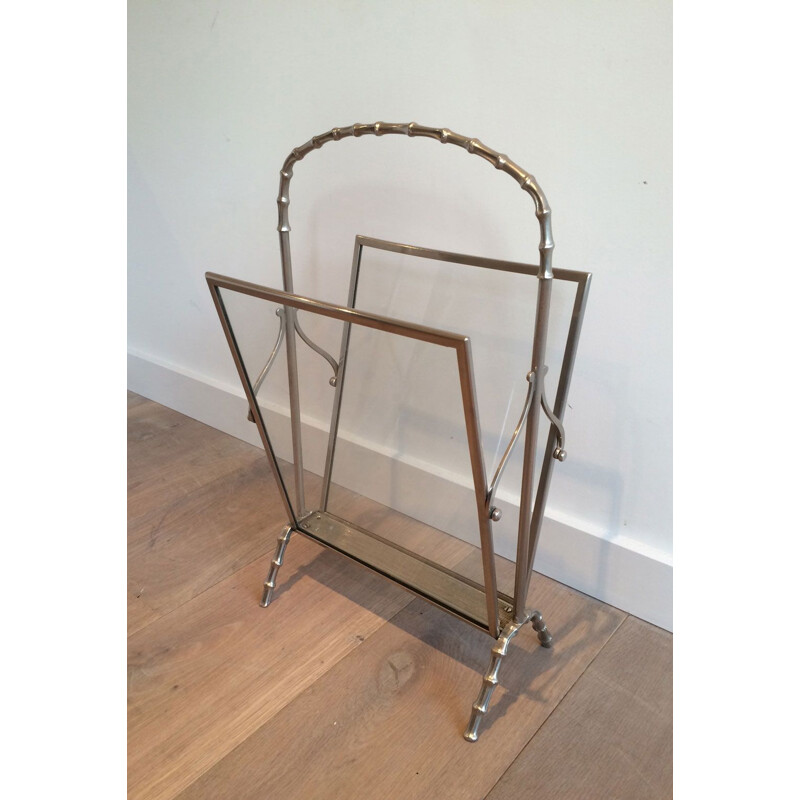 Vintage silver plated bronze faux-bamboo ringed magazine rack, 1940