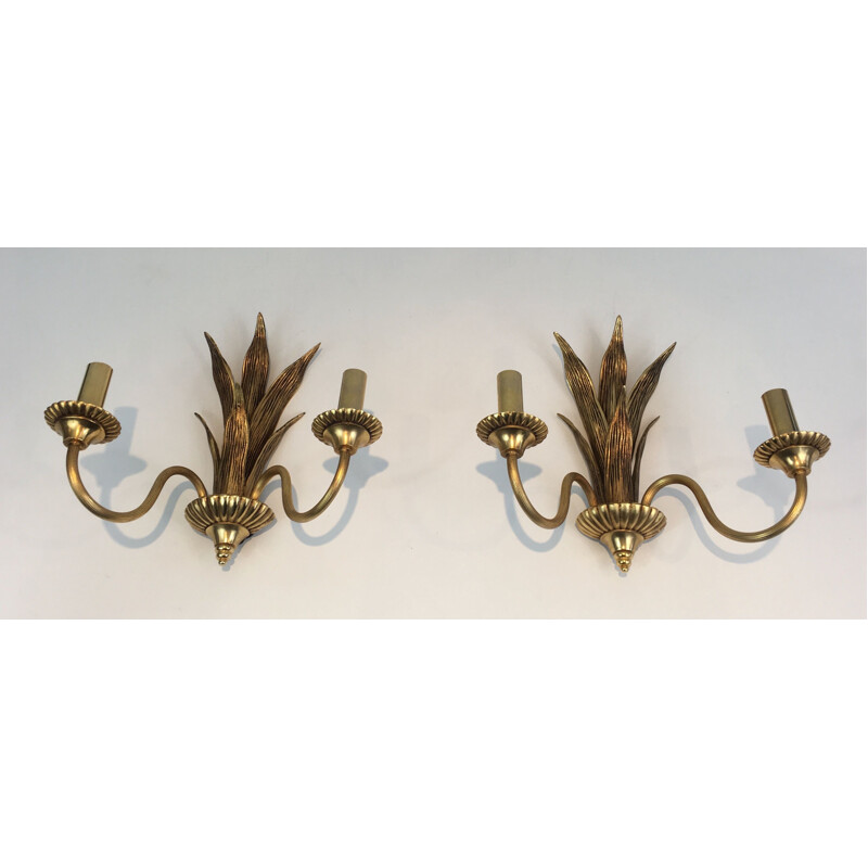 Pair of vintage bronze and brass palm tree wall lights, 1970