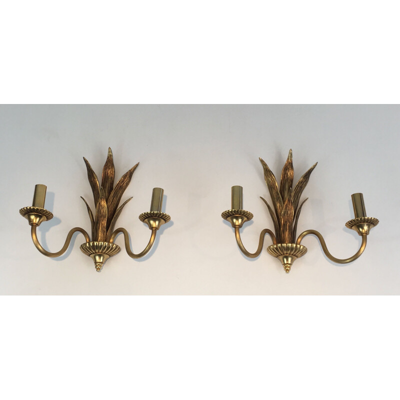 Pair of vintage bronze and brass palm tree wall lights, 1970