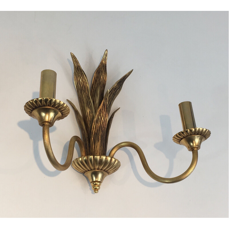 Pair of vintage bronze and brass palm tree wall lights, 1970