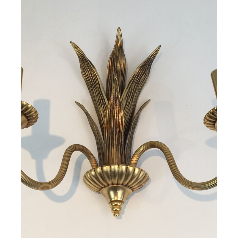 Pair of vintage bronze and brass palm tree wall lights, 1970