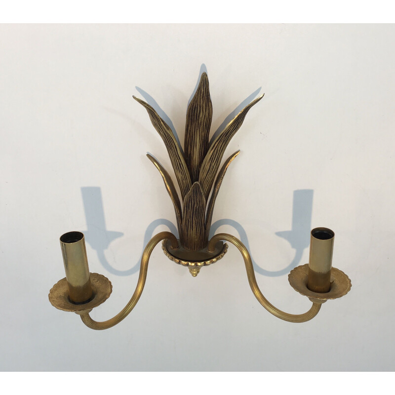 Pair of vintage bronze and brass palm tree wall lights, 1970