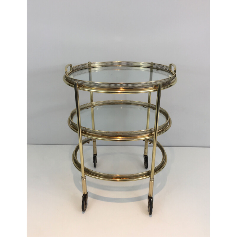 Small Vintage Rolling Oval Table in Brass with 3 removable tops 1940