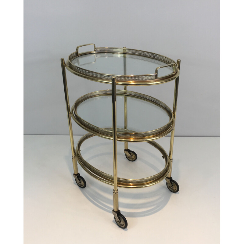 Small Vintage Rolling Oval Table in Brass with 3 removable tops 1940