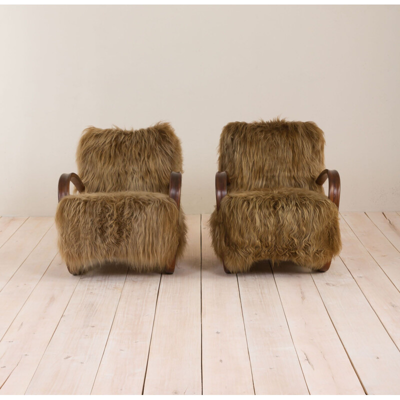 Vintage lounge chair in long hair sheepskin Halabala 269, 1930s