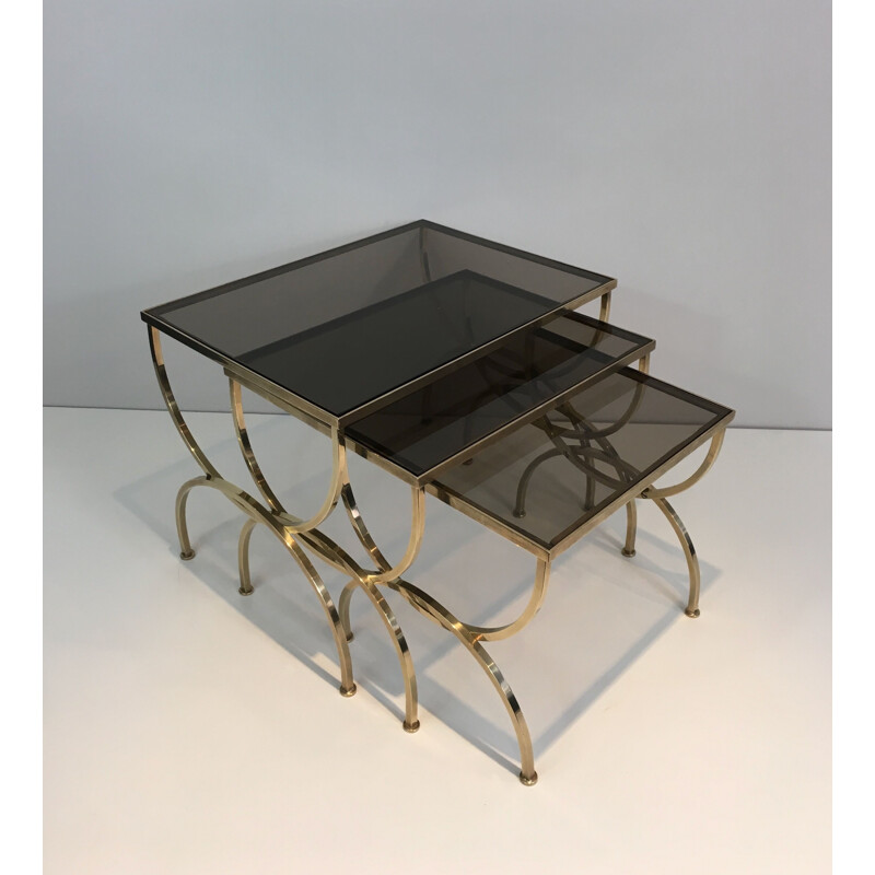  Set of 3 vintage Brass Nesting Tables with Smoked Glass Tops, 1940