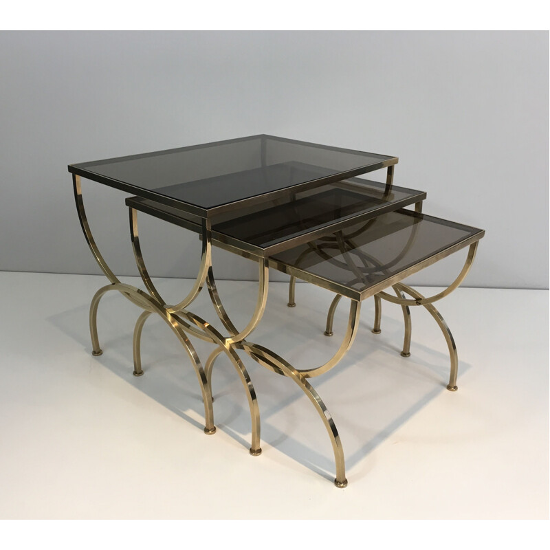  Set of 3 vintage Brass Nesting Tables with Smoked Glass Tops, 1940