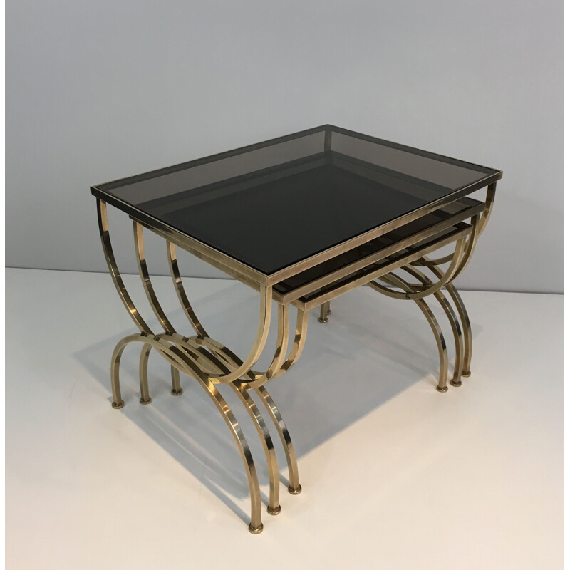  Set of 3 vintage Brass Nesting Tables with Smoked Glass Tops, 1940