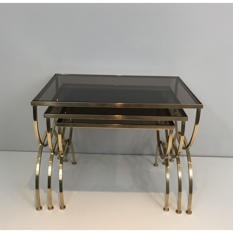  Set of 3 vintage Brass Nesting Tables with Smoked Glass Tops, 1940