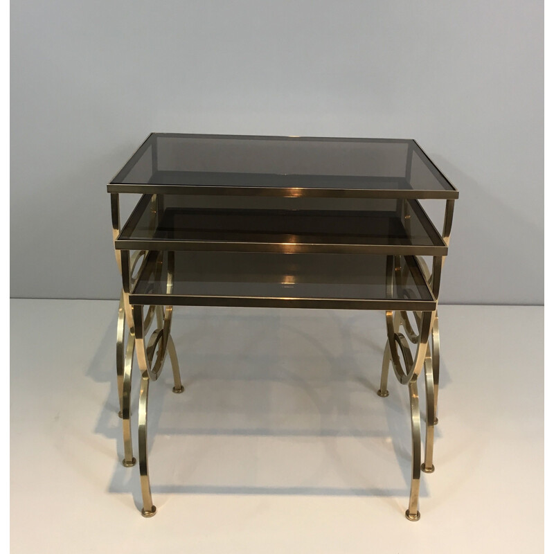  Set of 3 vintage Brass Nesting Tables with Smoked Glass Tops, 1940