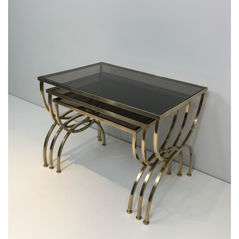  Set of 3 vintage Brass Nesting Tables with Smoked Glass Tops, 1940