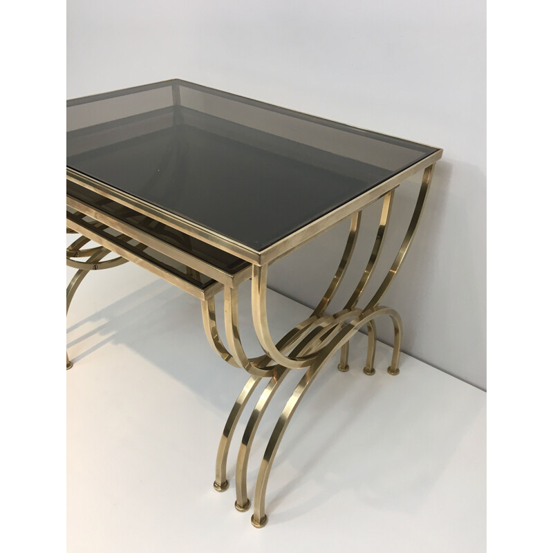  Set of 3 vintage Brass Nesting Tables with Smoked Glass Tops, 1940