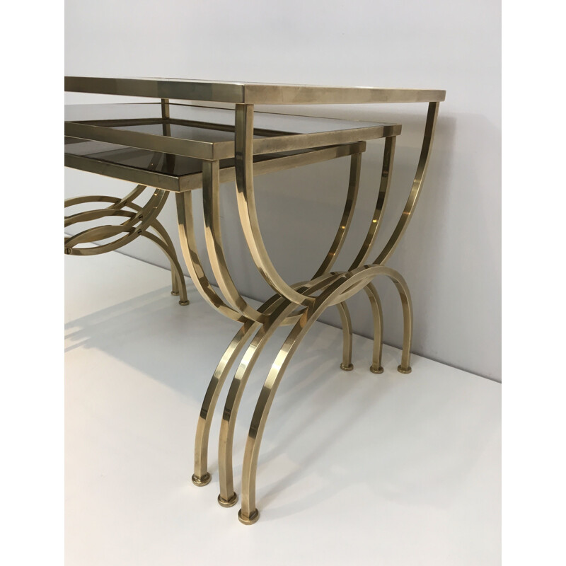  Set of 3 vintage Brass Nesting Tables with Smoked Glass Tops, 1940