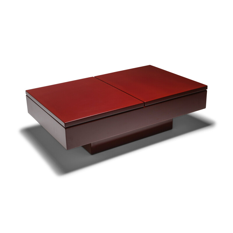 Vintage Coffee Table Red Lacquered Sliding, Jean Claude Mahey - 1980s