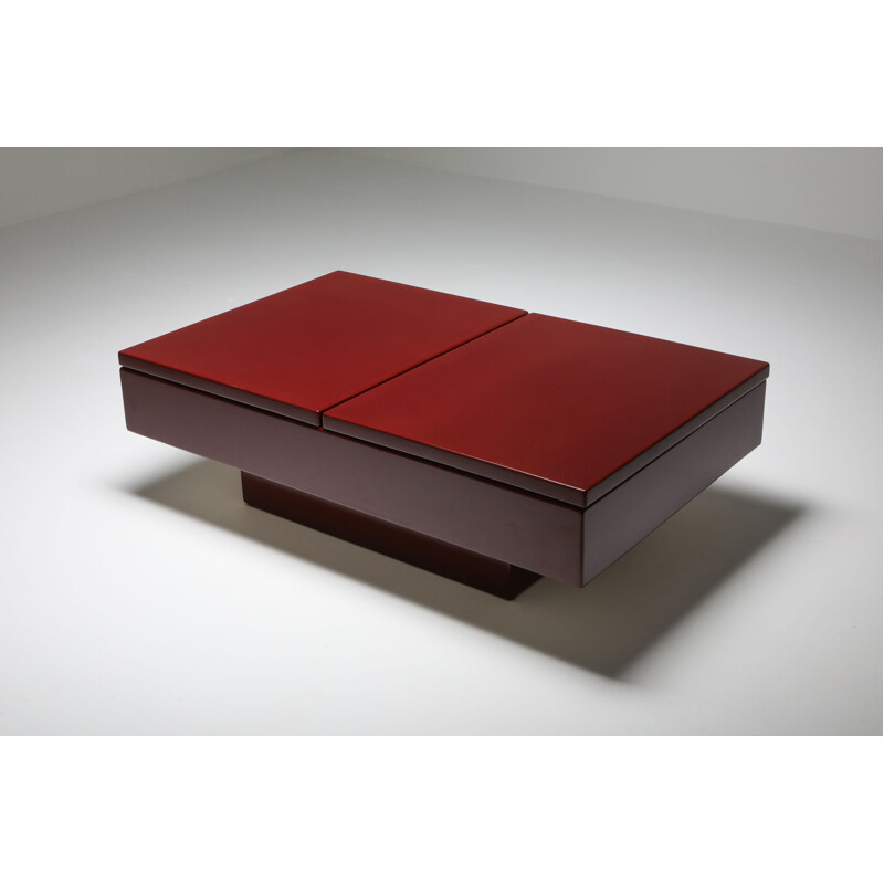 Vintage Coffee Table Red Lacquered Sliding, Jean Claude Mahey - 1980s