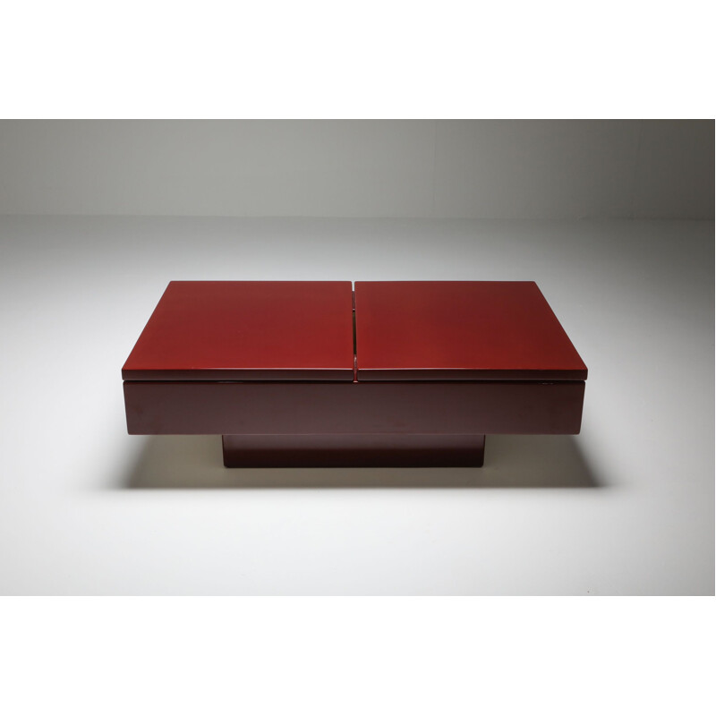 Vintage Coffee Table Red Lacquered Sliding, Jean Claude Mahey - 1980s