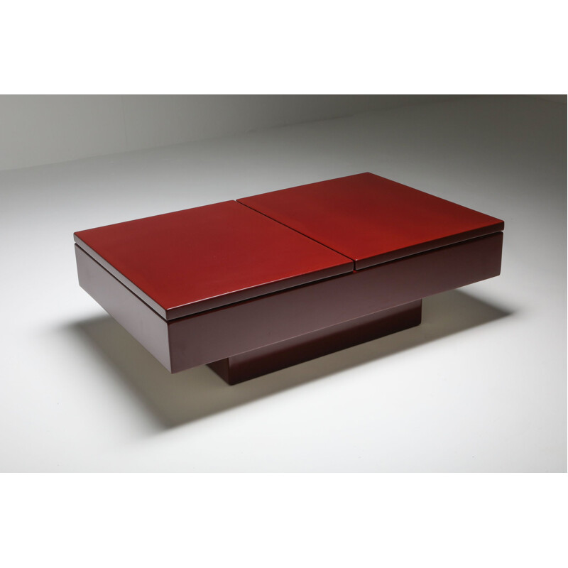 Vintage Coffee Table Red Lacquered Sliding, Jean Claude Mahey - 1980s