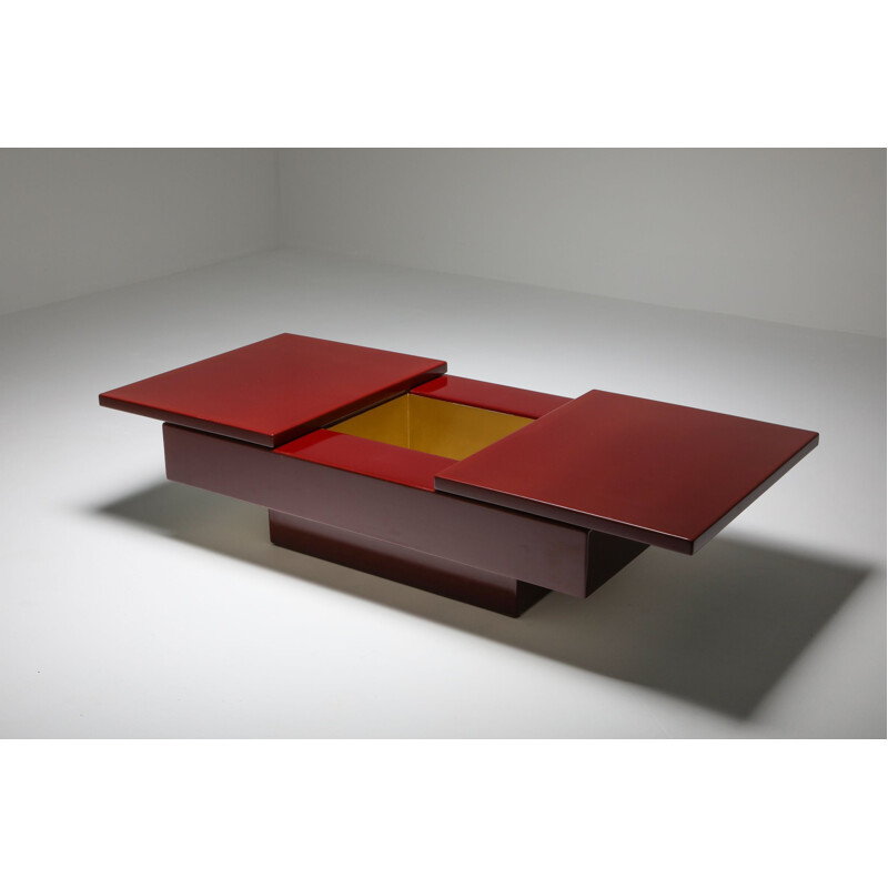 Vintage Coffee Table Red Lacquered Sliding, Jean Claude Mahey - 1980s