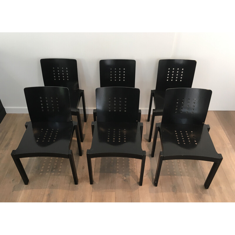 Conjunto de 6 Cadeiras de Madeira Lacada Preta Vintage,1993