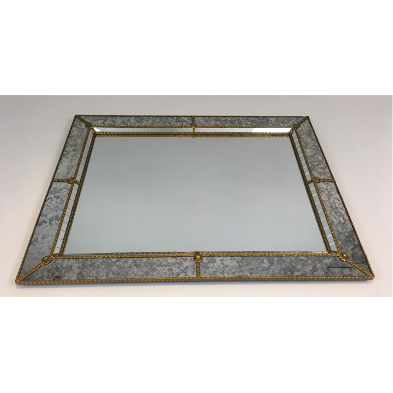 Vintage faceted mirror mosaic with flowers and brass garlands, 1970