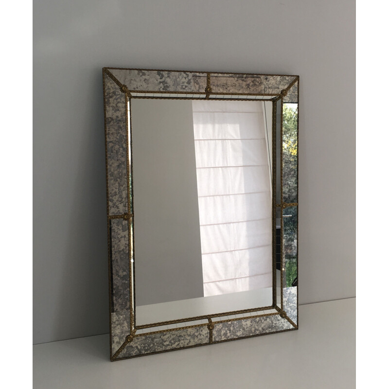 Vintage faceted mirror mosaic with flowers and brass garlands, 1970