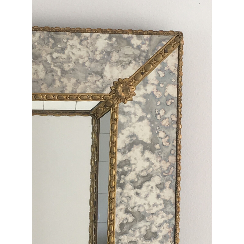 Vintage faceted mirror mosaic with flowers and brass garlands, 1970