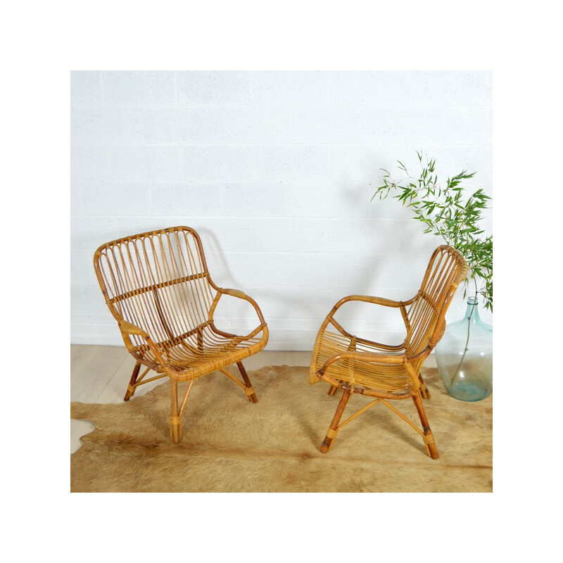 Mid-century pair of armchairs in rattan - 1960s