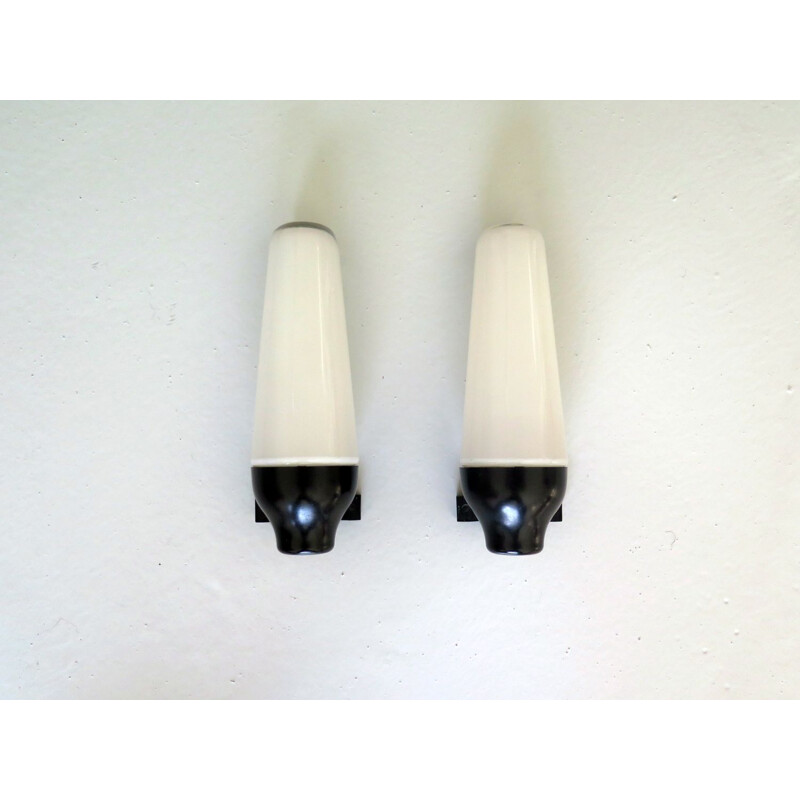 Pair of Vintage opaline and backelite wall lamps 1950