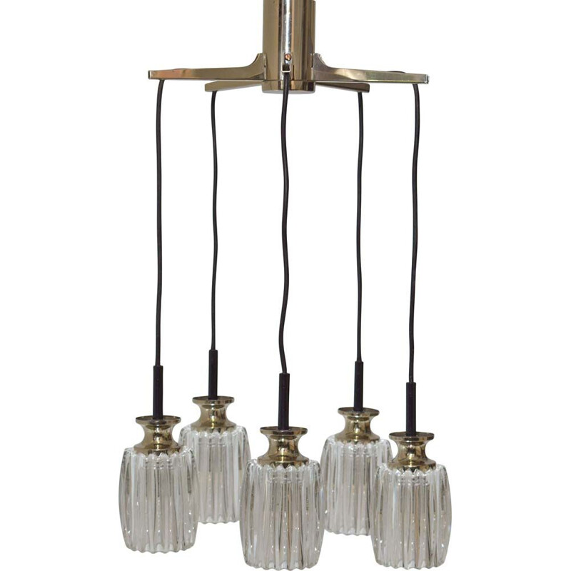 Lampadario vintage a cascata, 5 appendini in cromo e vetro