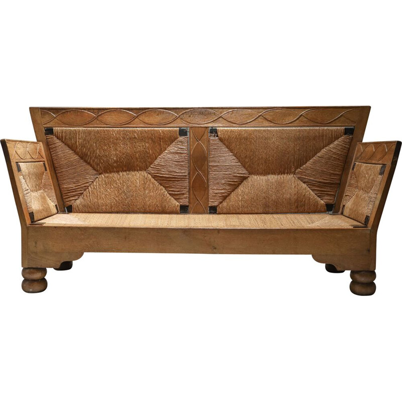 Vintage Sofa Bench in Oak and Straw Scandinavian Arts & Crafts  1920s