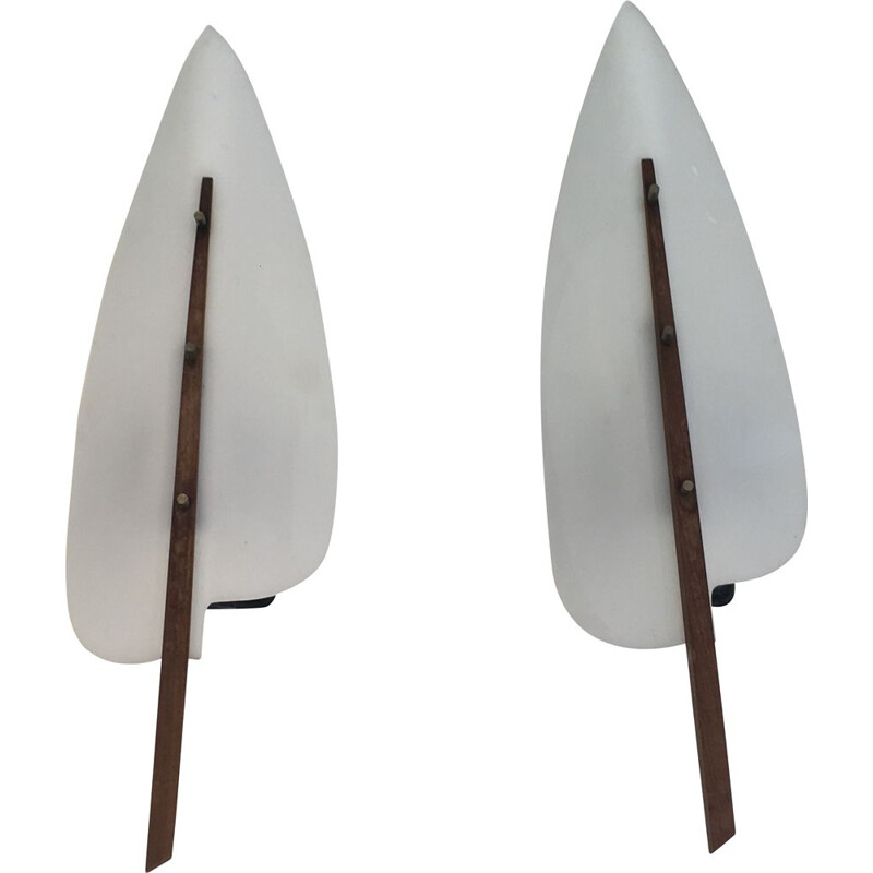 Pair of vintage white plastic and wood wall lamp, 1970