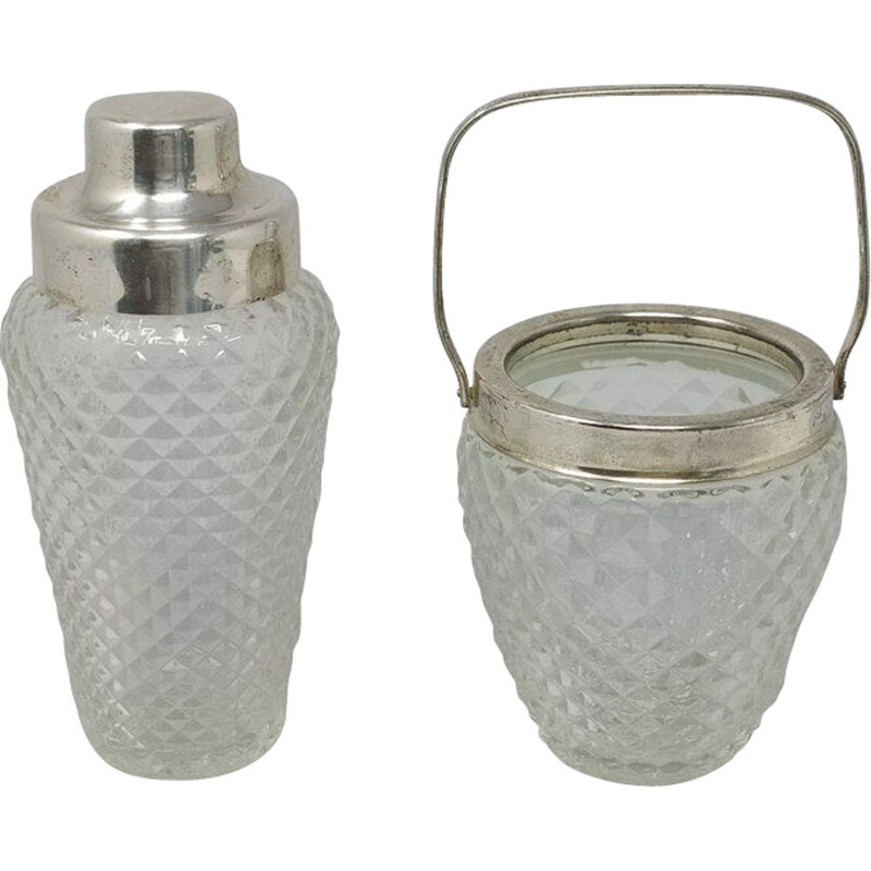 Ensemble de shaker à cocktail et de seau à glace vintage en cristal taillé Italie 1950