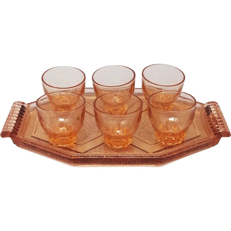 Set of 7 Vintage Art Deco Peach Pink Brandy or Whiskey Set, French 1930s