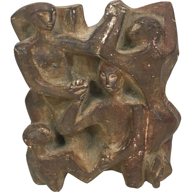 Escultura vintage de escayola de un grupo de 3 figuras, 1950