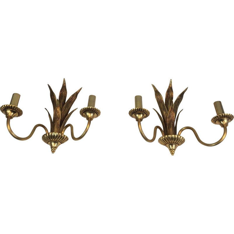 Pair of vintage bronze and brass palm tree wall lights, 1970