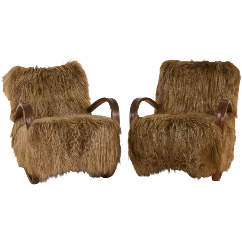 Vintage lounge chair in long hair sheepskin Halabala 269, 1930s