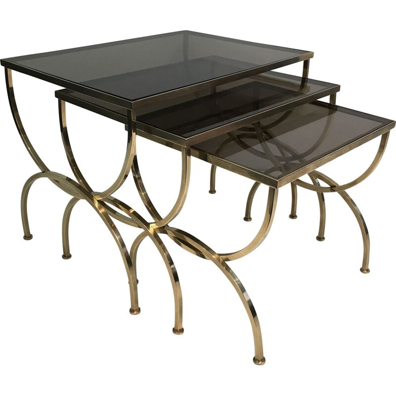  Set of 3 vintage Brass Nesting Tables with Smoked Glass Tops, 1940